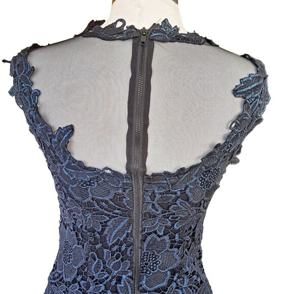 CACHE Floral Lace Sheath Dress Size 4 Black Metallic Blue Mesh Cocktail Party - Picture 6 of 9